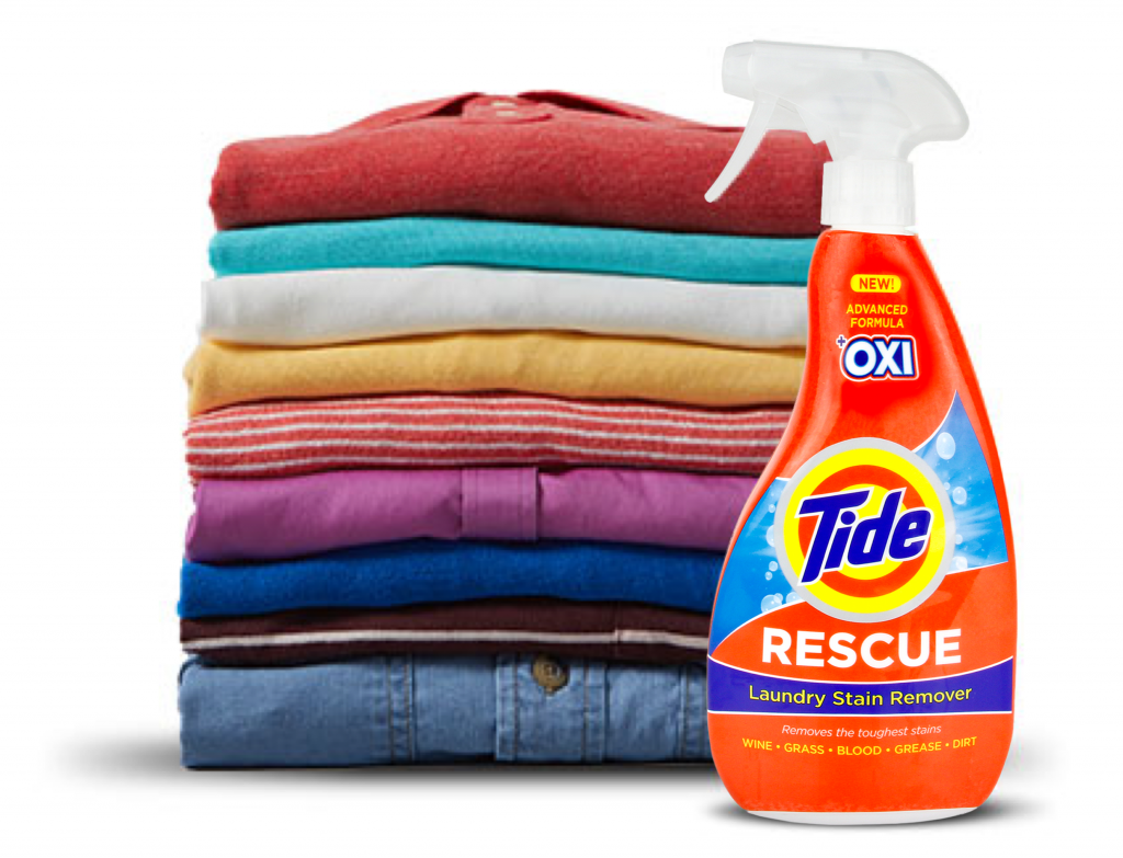 Stack of clean clothes with Tide Rescue Laundry Stain Remover